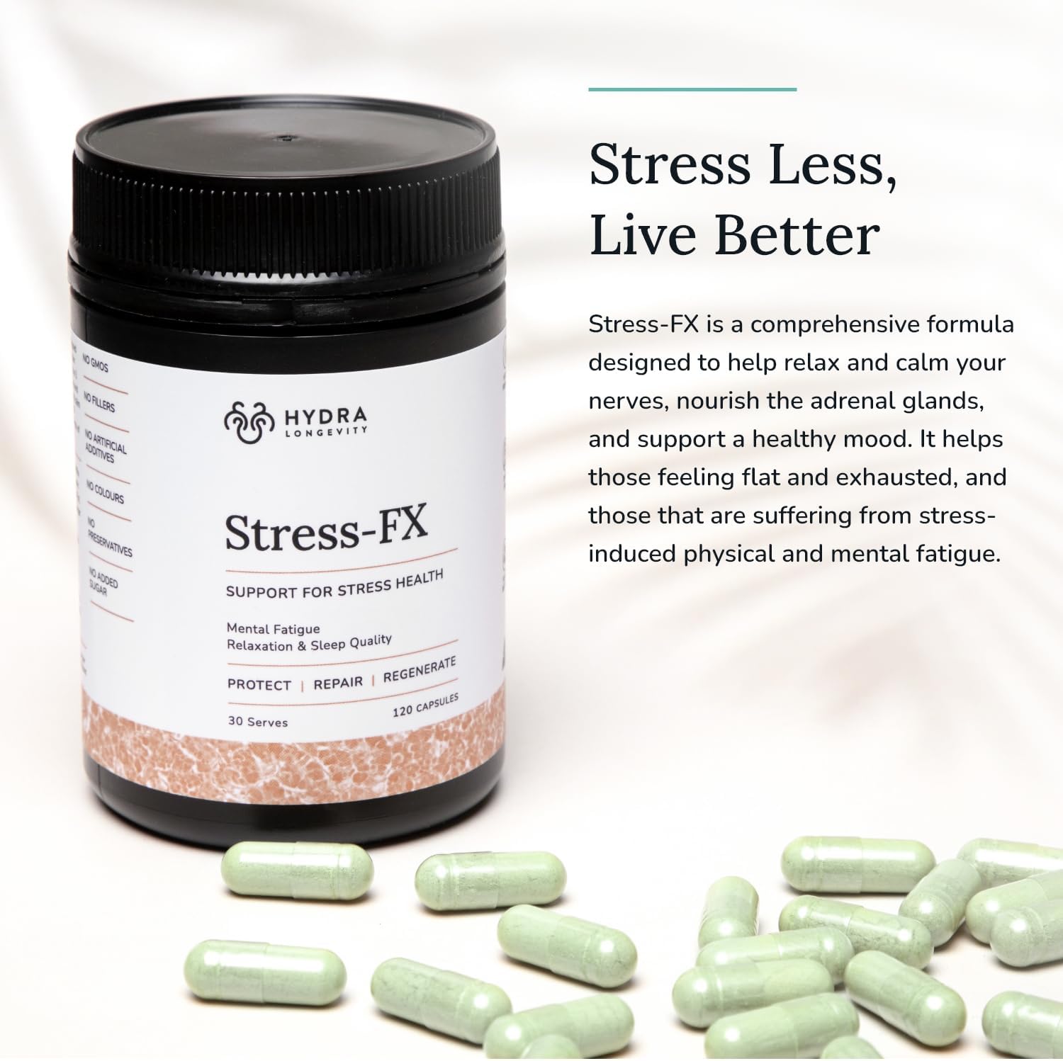 Hydra Longevity Stress-FX: Adaptogen Stress & Mood Support Supplement, Ashwagandha & L-Theanine, 120 Capsules