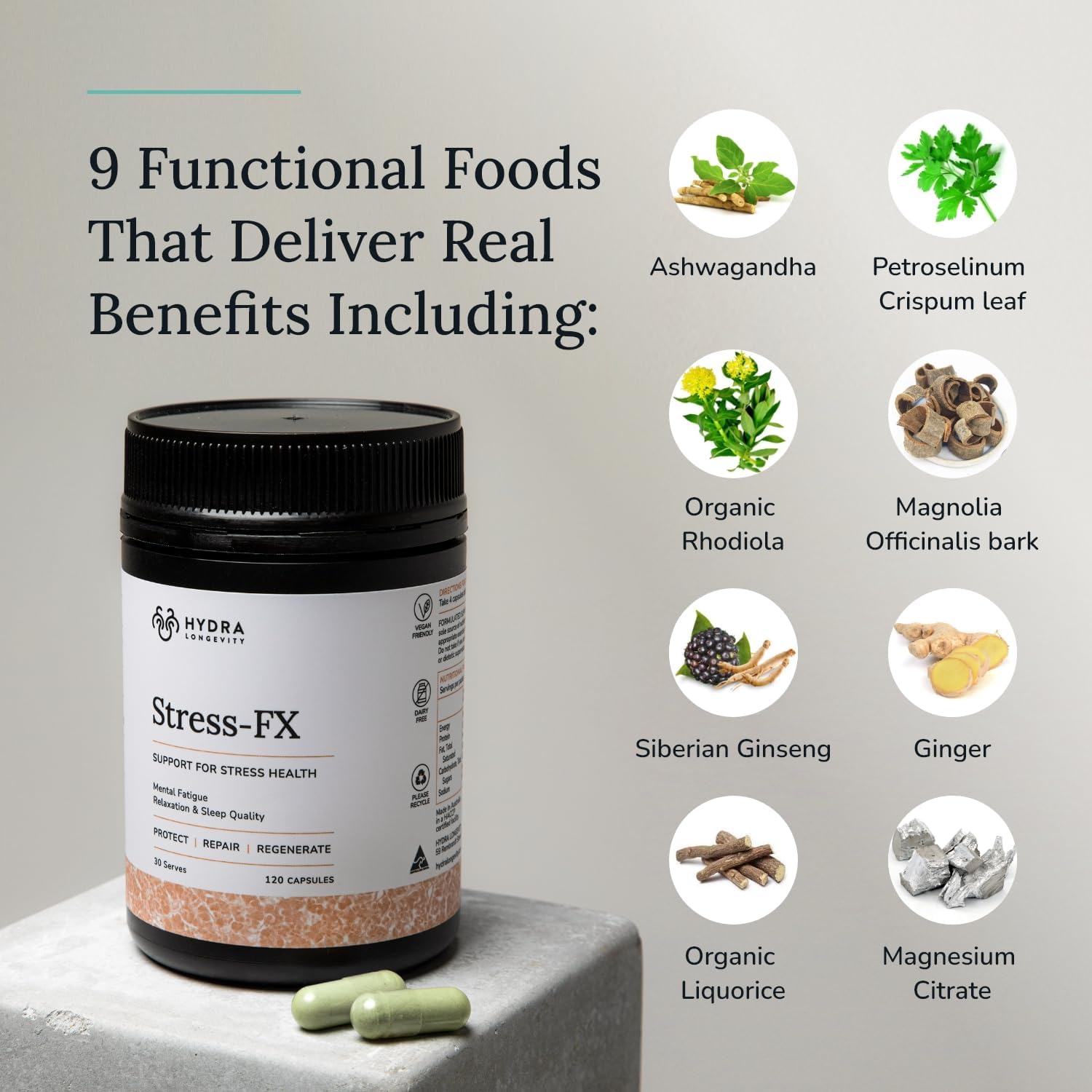 Hydra Longevity Stress-FX: Adaptogen Stress & Mood Support Supplement, Ashwagandha & L-Theanine, 120 Capsules