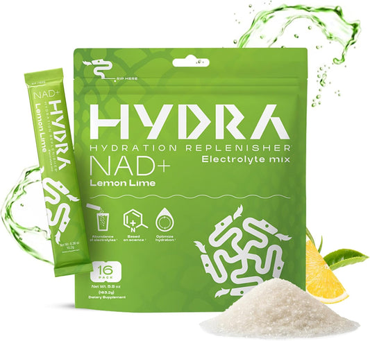 Hydra Powder Nutrients Electrolyte Packets with NAD+ for Daily Hydration - Low Sodium, Low Sugar Lemon Lime Mix