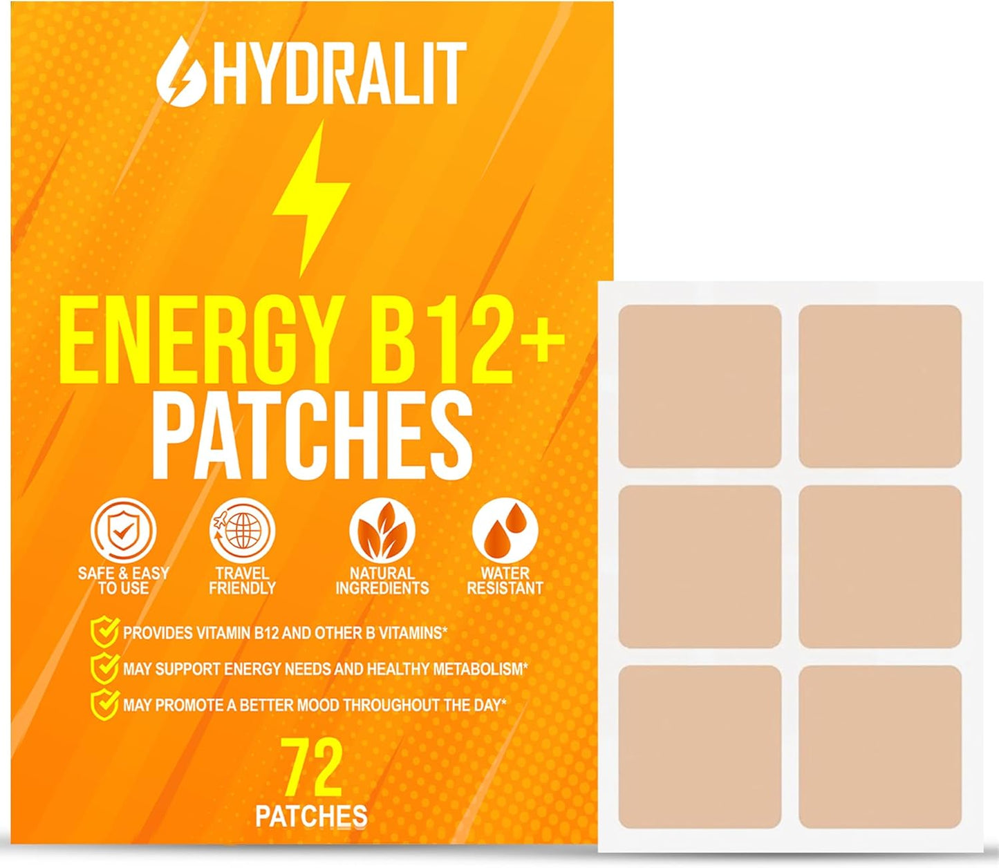Hydralit Energy Patch for Adults - Topical B12 Wellness Patches with Natural Ingredients - 72 Pack