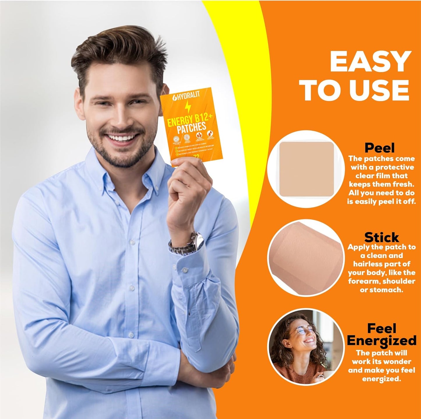 Hydralit Energy Patch for Adults - Topical B12 Wellness Patches with Natural Ingredients - 72 Pack