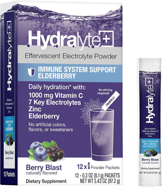 Hydralyte Elderberry Immunity Electrolyte Powder Packets - Low Sugar Rapid Rehydration with Vitamin C and Elderberry - 12 Count