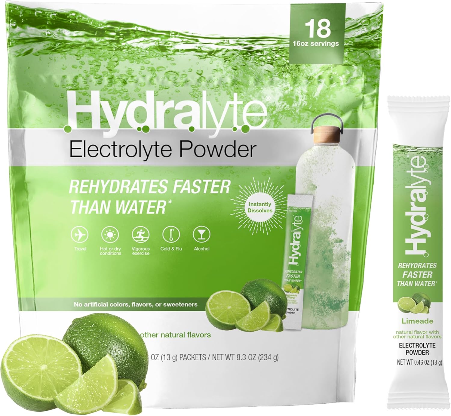 Hydralyte Low Sugar Limeade Electrolyte Powder Packets - Rapid Rehydration for Heat, Travel, and Workouts (18 Count)