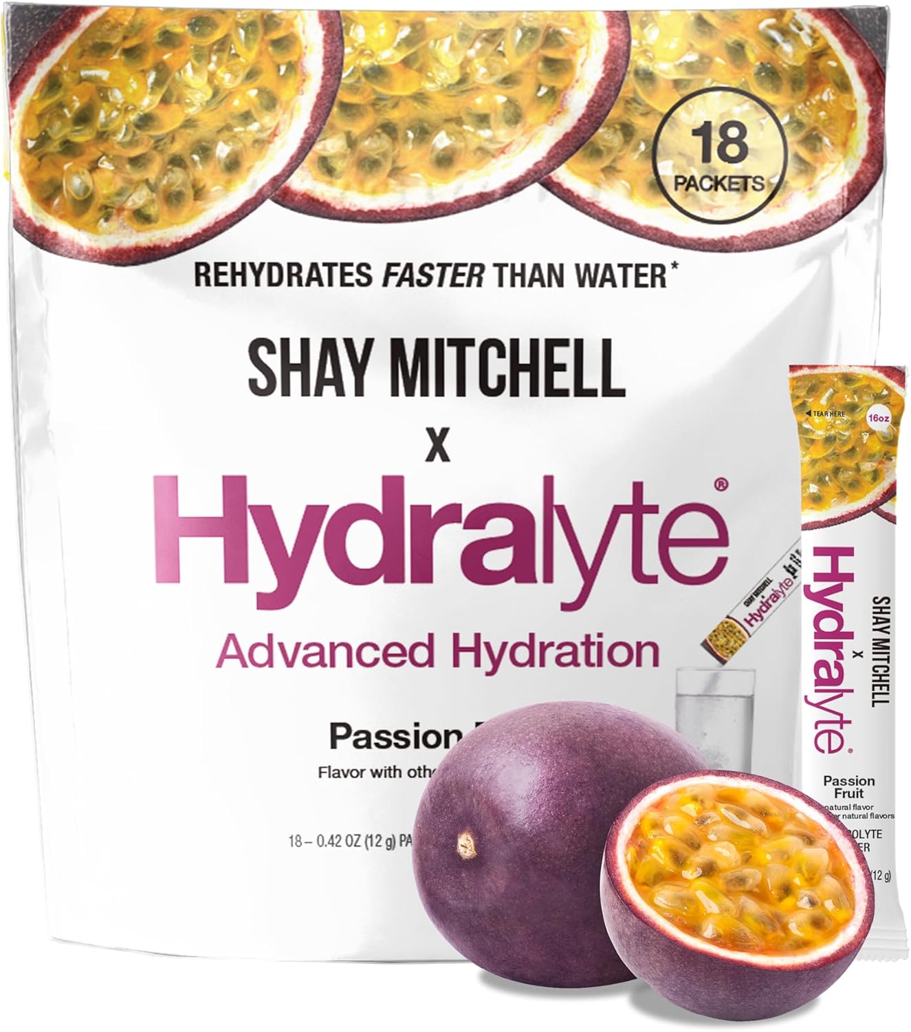 Hydralyte Shay Mitchell Passion Fruit Electrolyte Powder Packets for Rapid Rehydration & Hydration