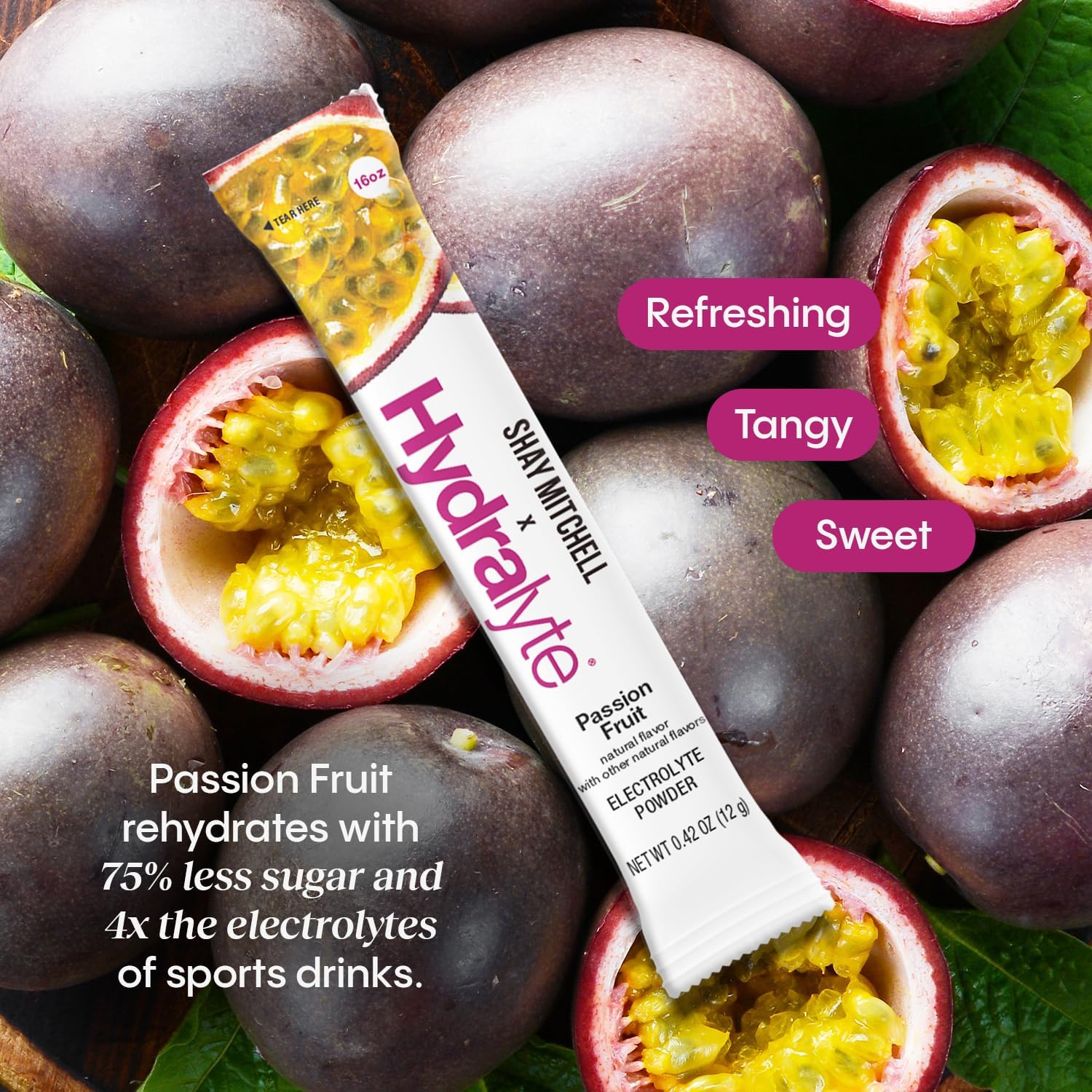 Hydralyte Shay Mitchell Passion Fruit Electrolyte Powder Packets for Rapid Rehydration & Hydration