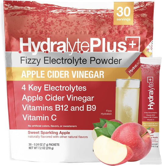 Hydralyte Sparkling Apple ACV Electrolyte Packets - Vitamin C, B12 & B9 - Low Sugar Hydration Sticks for Daily Wellness (30 Count)