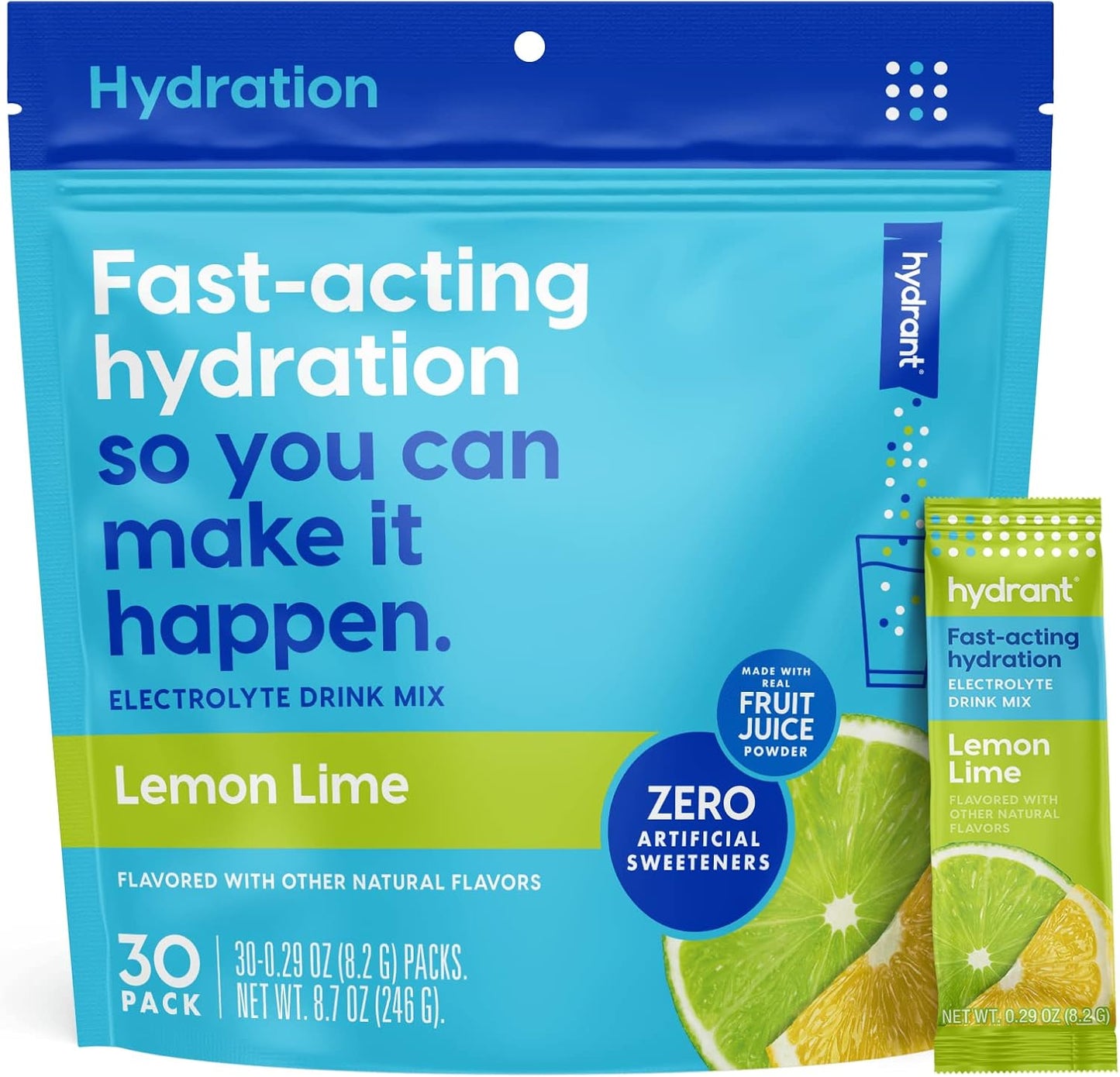 HYDRANT Hydrate Lemon Lime Electrolyte Powder Stick Packets - 30 Pack, No Artificial Ingredients