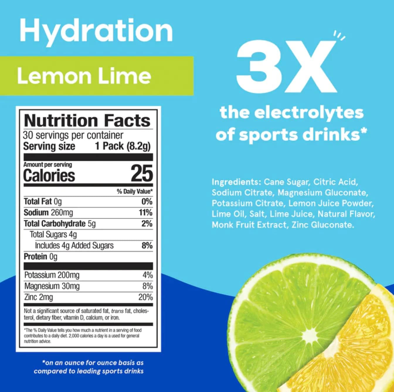 HYDRANT Hydrate Lemon Lime Electrolyte Powder Stick Packets - 30 Pack, No Artificial Ingredients