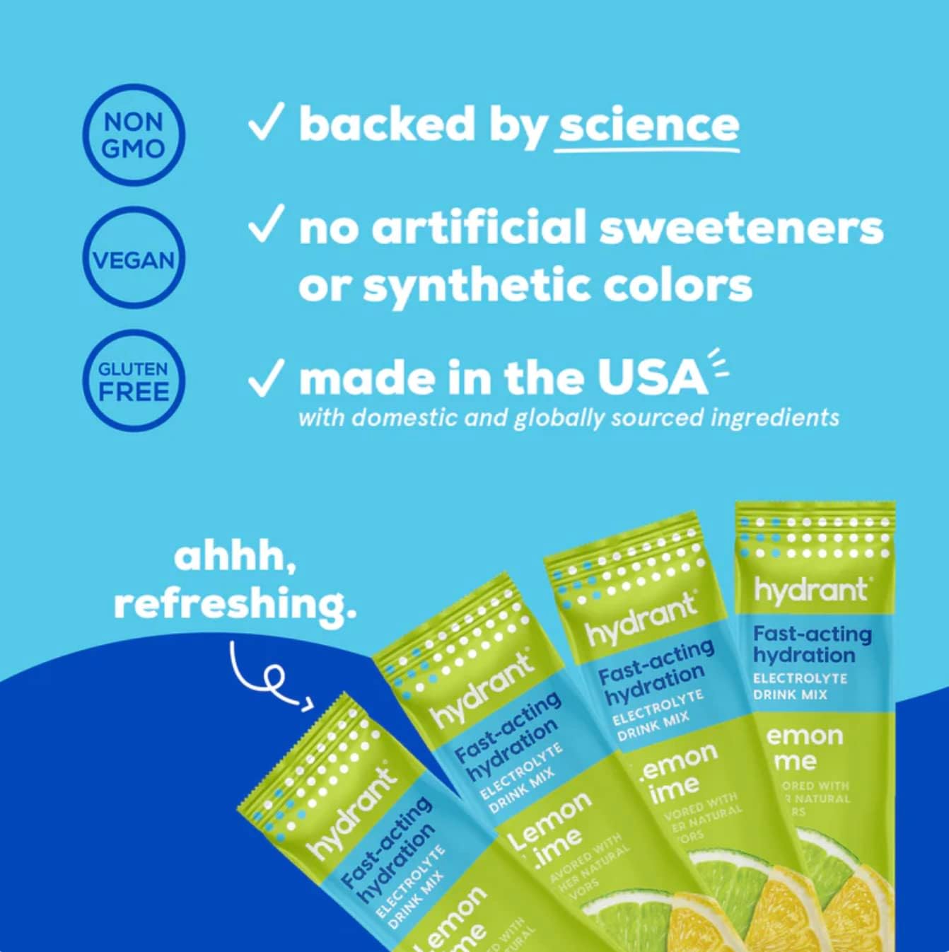 HYDRANT Hydrate Lemon Lime Electrolyte Powder Stick Packets - 30 Pack, No Artificial Ingredients