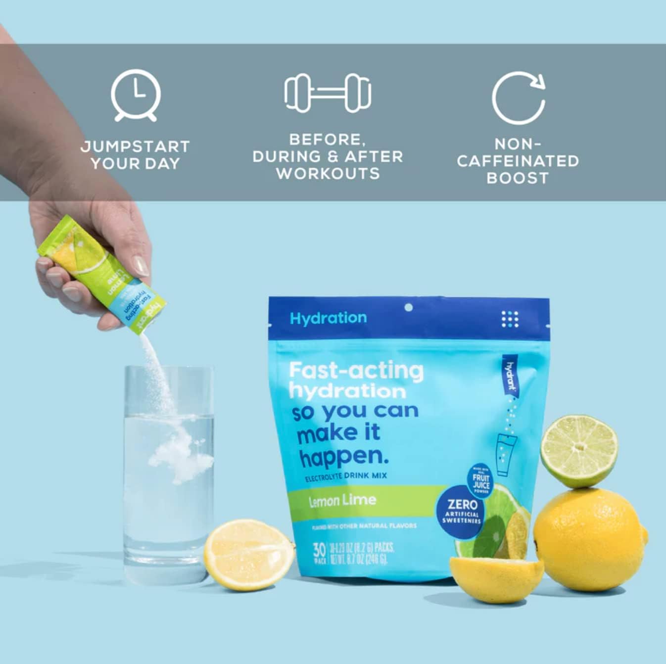 HYDRANT Hydrate Lemon Lime Electrolyte Powder Stick Packets - 30 Pack, No Artificial Ingredients