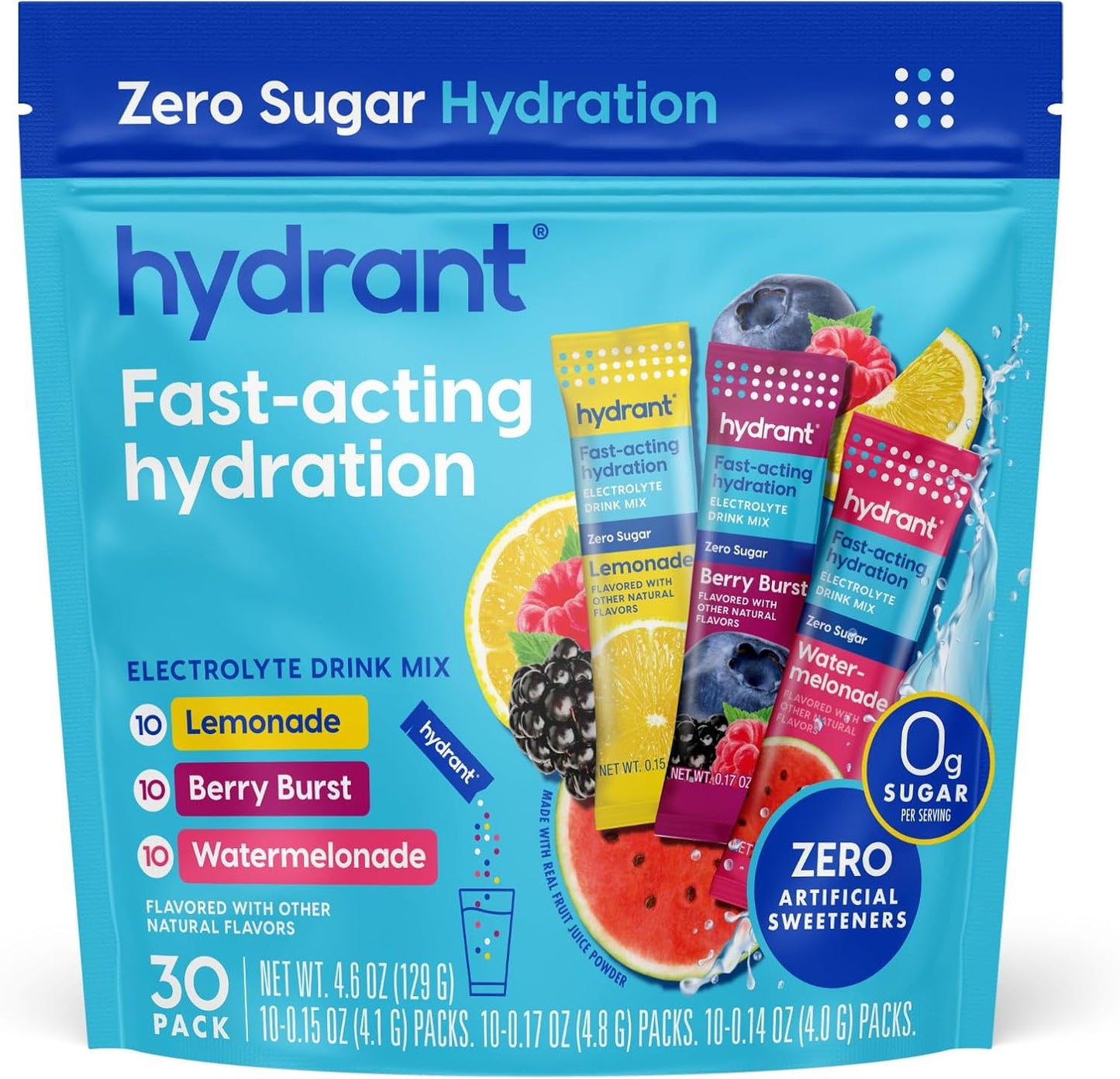 Hydrant Hydrate Zero Sugar Electrolyte Powder Stick Packets - Variety Pack, 30 Count, FSA & HSA Eligible