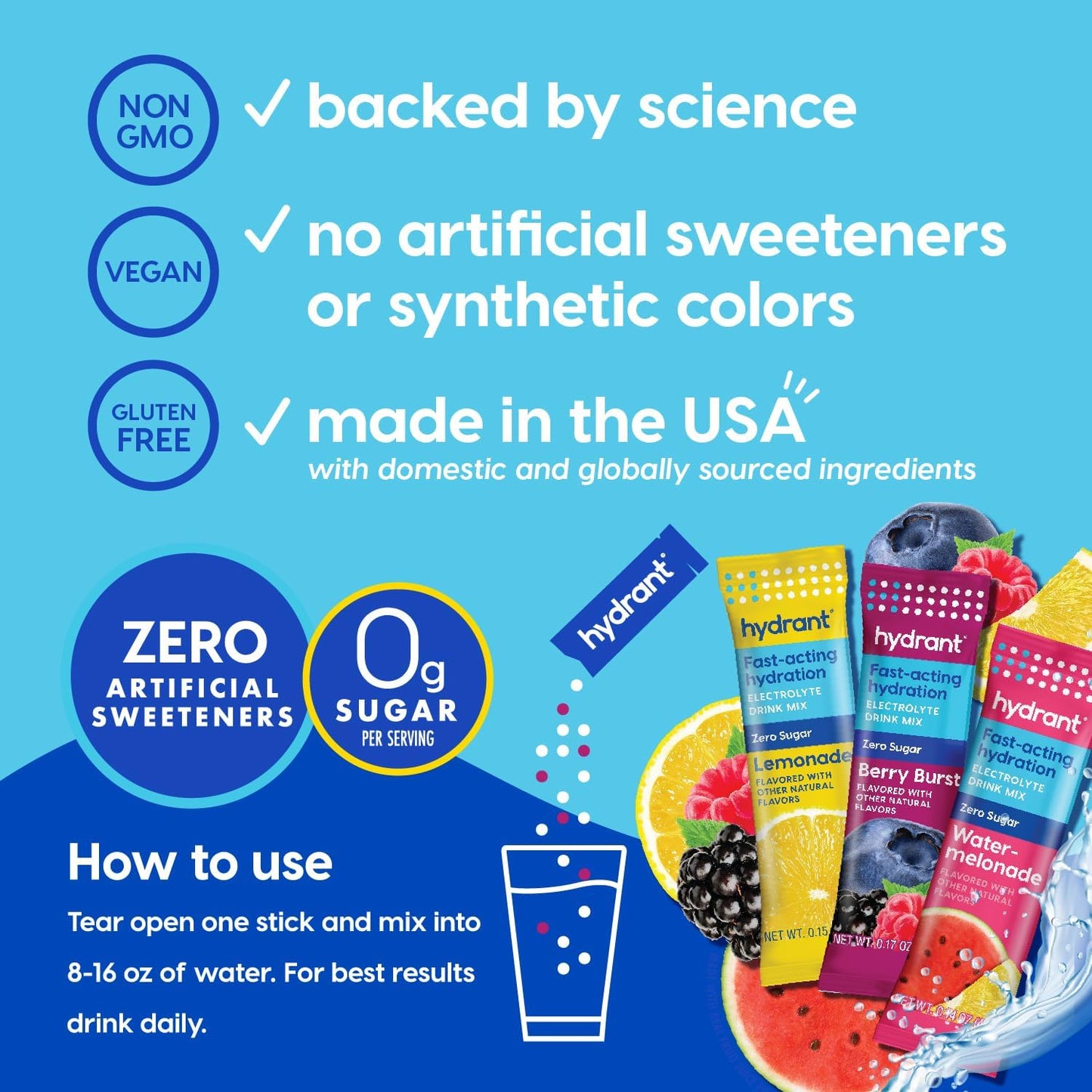 Hydrant Hydrate Zero Sugar Electrolyte Powder Stick Packets - Variety Pack, 30 Count, FSA & HSA Eligible
