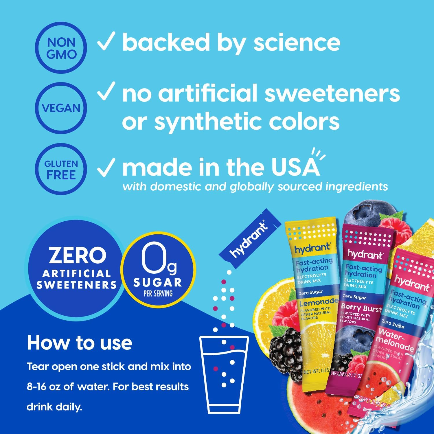 Hydrant Hydrate Zero Sugar Electrolyte Powder Stick Packets - Variety Pack, 30 Count, FSA & HSA Eligible