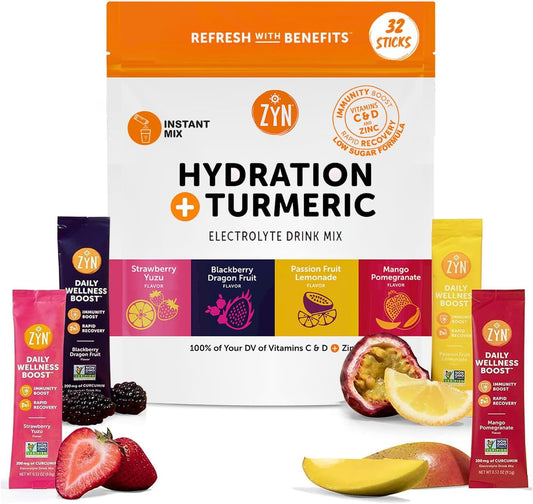 Hydrate Electrolyte Drink Mix Packets with Turmeric Curcumin, Vitamin C, D & Zinc - 32 Pack Variety for Wellness