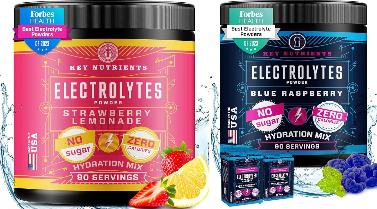 Hydrate & Energize with Strawberry Lemonade & Blue Raspberry Electrolyte Powders - Keto-Friendly, Zero Sugar, 90 Servings