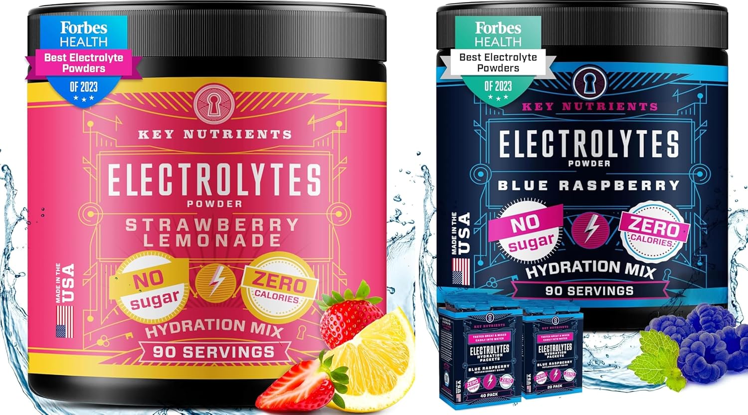 Hydrate & Energize with Strawberry Lemonade & Blue Raspberry Electrolyte Powders - Keto-Friendly, Zero Sugar, 90 Servings