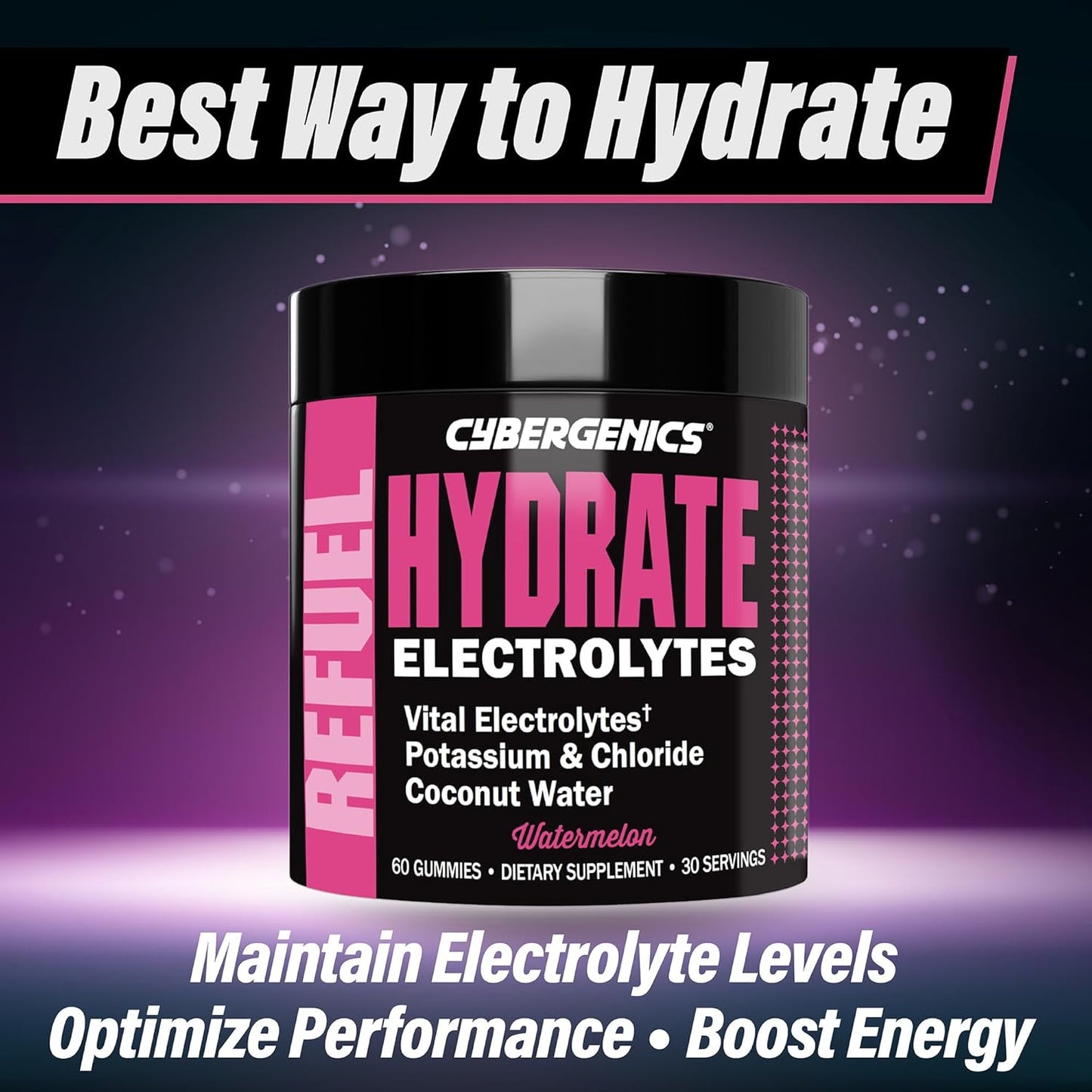 Hydrate Gummies with Electrolytes, Coconut Water, Potassium, Chloride, Watermelon Flavor - 60 Gummies