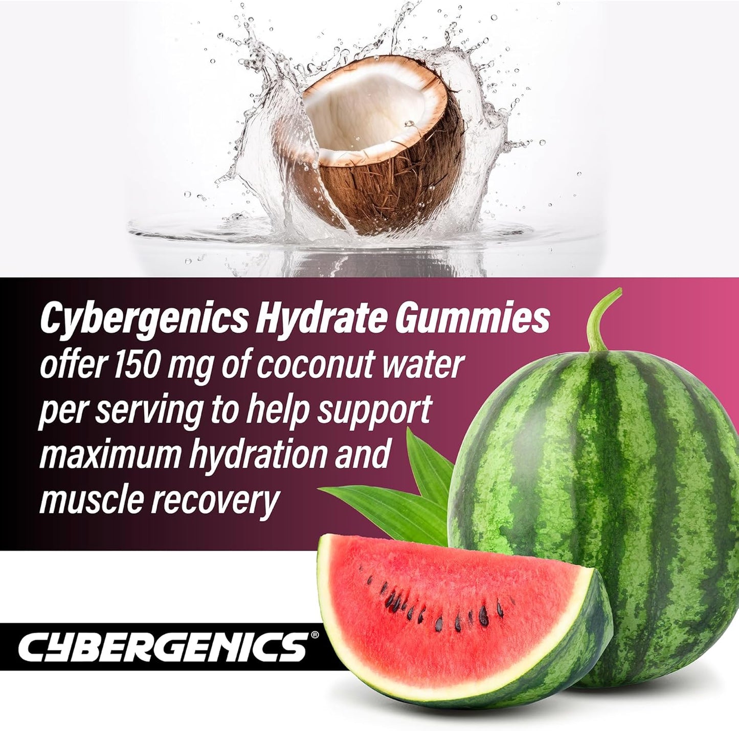 Hydrate Gummies with Electrolytes, Coconut Water, Potassium, Chloride, Watermelon Flavor - 60 Gummies