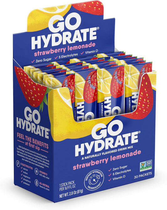 Hydrate Instant Drink Mix with Low Sodium Electrolytes - Natural Sugar Free Hydration Support with Vitamin D - 30 Packets Strawberry Lemonade Flavor