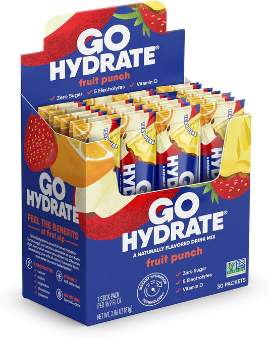 Hydrate Instant Electrolyte Drink Mix with Vitamin D - Sugar Free Powder Packets, 30 Fruit Punch Flavored Packs