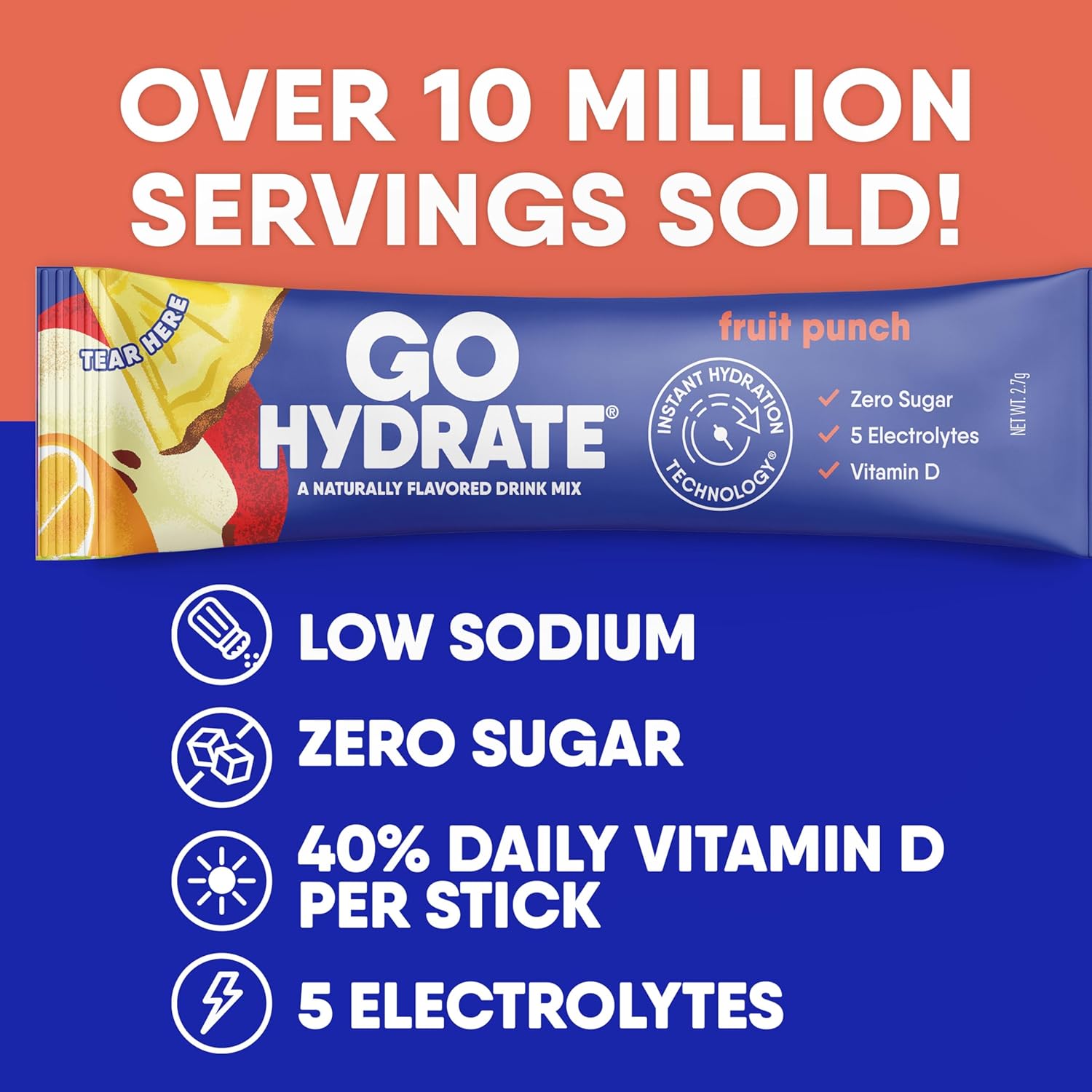 Hydrate Instant Electrolyte Drink Mix with Vitamin D - Sugar Free Powder Packets, 30 Fruit Punch Flavored Packs