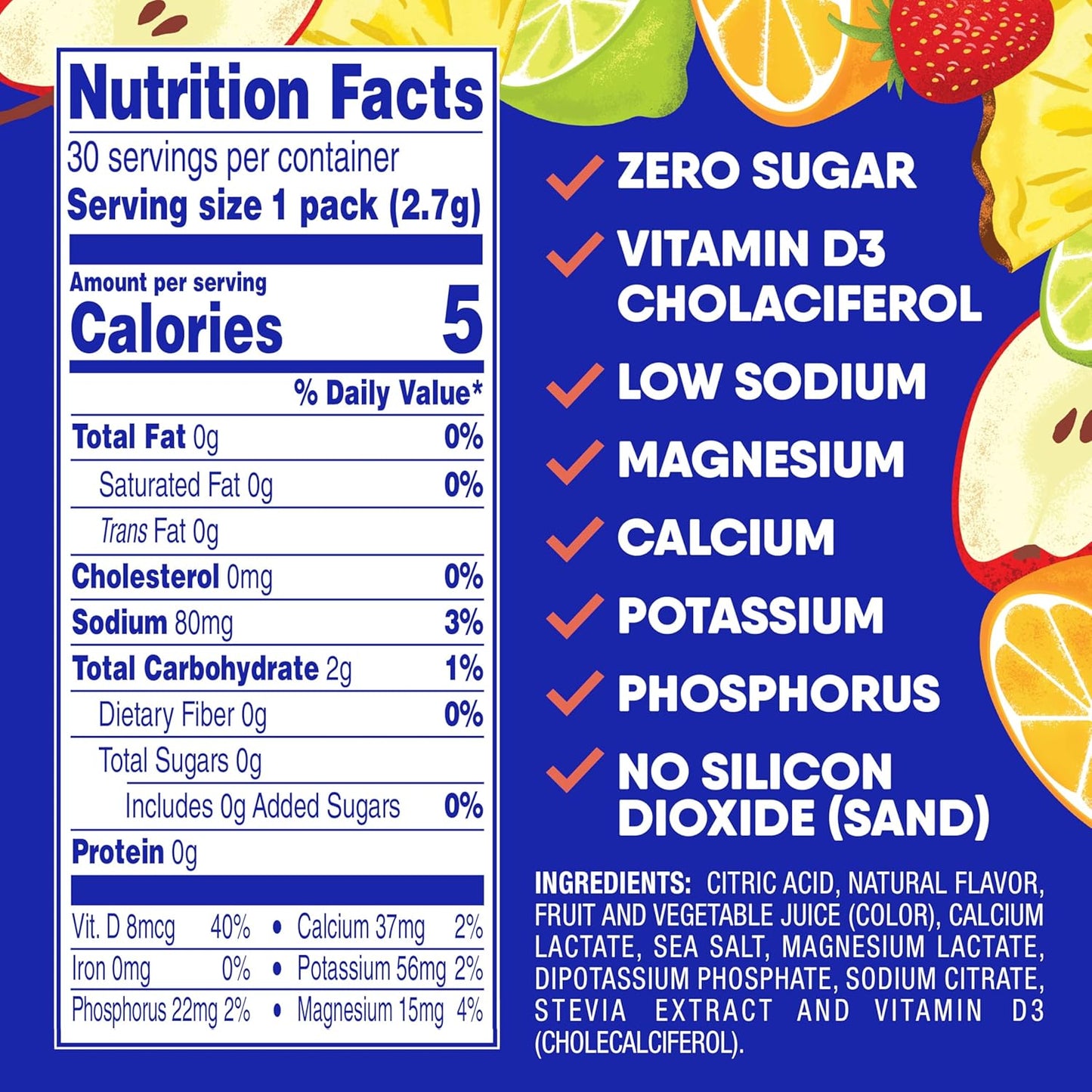 Hydrate Instant Electrolyte Drink Mix with Vitamin D - Sugar Free Powder Packets, 30 Fruit Punch Flavored Packs