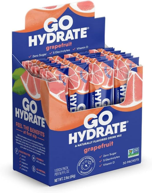 Hydrate On-the-Go with GoHydrate Grapefruit Electrolyte Powder Packets - Sugar Free & Vitamin D Enhanced - 30 Packets
