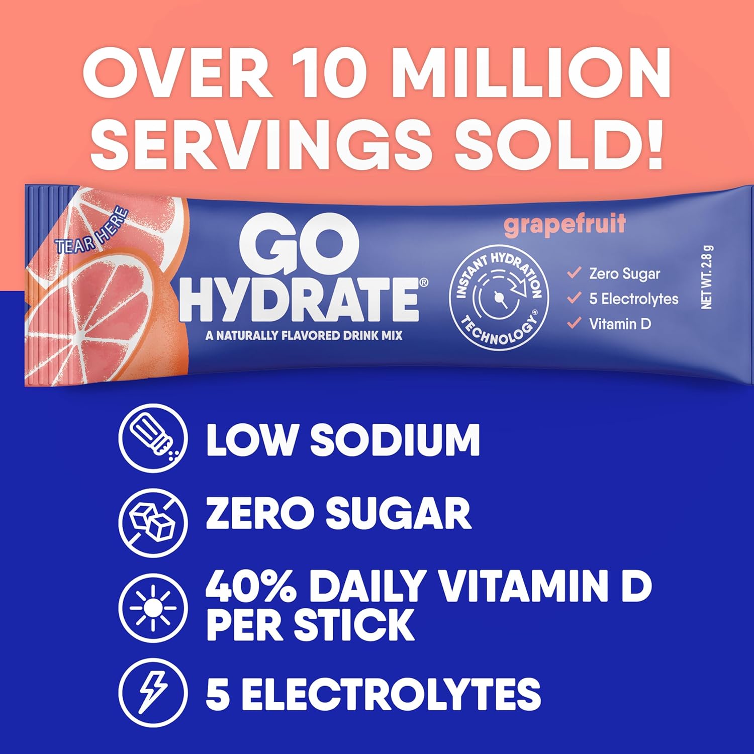 Hydrate On-the-Go with GoHydrate Grapefruit Electrolyte Powder Packets - Sugar Free & Vitamin D Enhanced - 30 Packets
