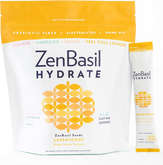 Hydrate & Replenish with Zen Basil Ginger Lemon Turmeric Electrolyte Powder Packets - Fasting Support, Sugar Free, Keto, Paleo - 16 Sticks