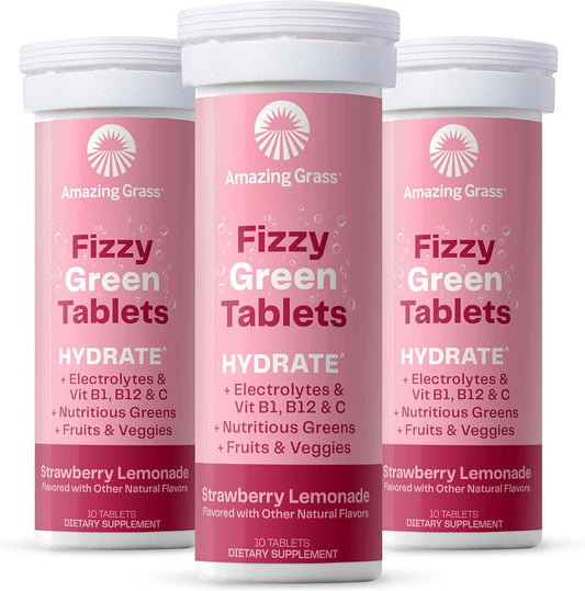 Hydrate with Amazing Grass Electrolyte Tablets, Fizzy Greens Water Flavoring, Vitamins, Strawberry Lemonade, 10 Count x 3 Pack
