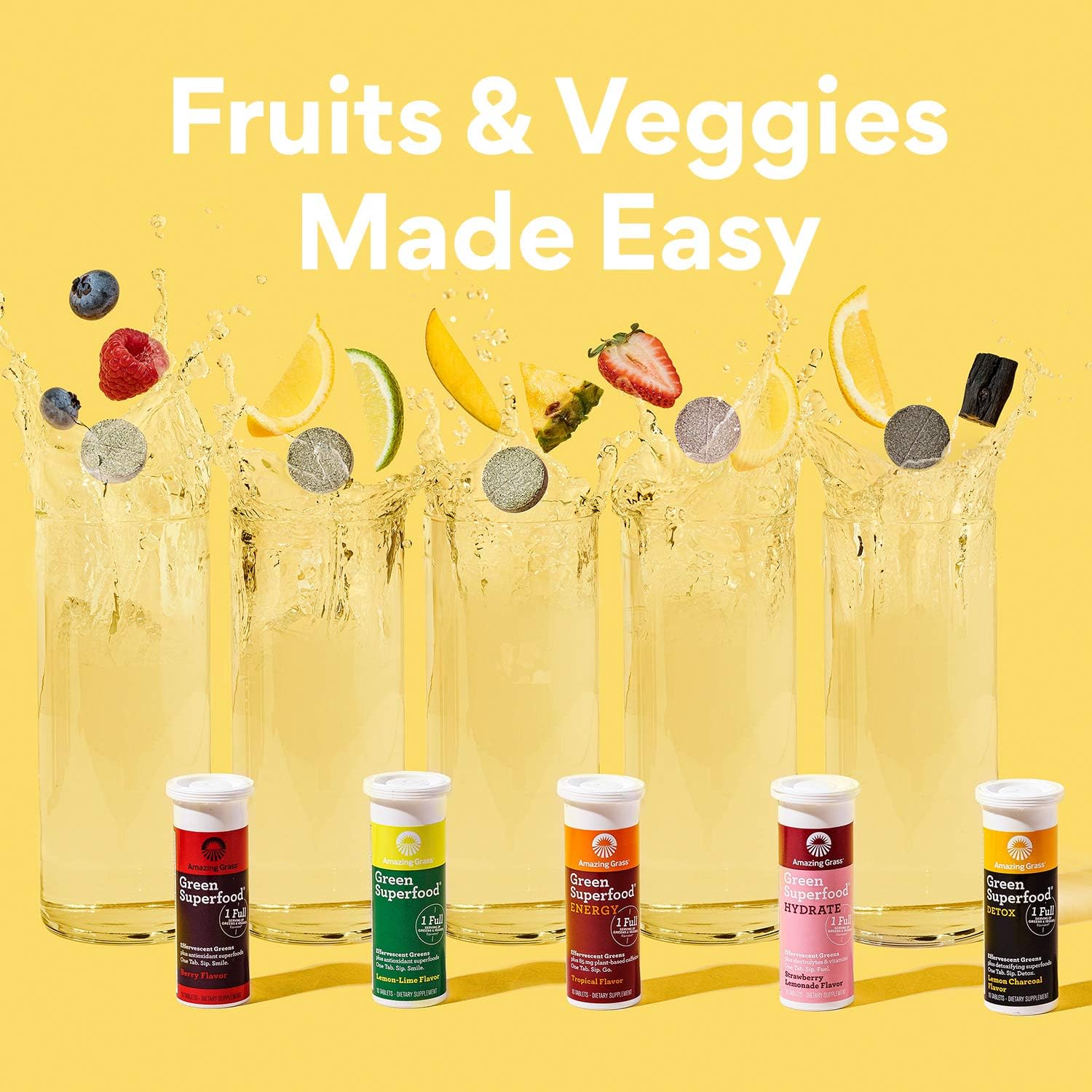 Hydrate with Amazing Grass Electrolyte Tablets, Fizzy Greens Water Flavoring, Vitamins, Strawberry Lemonade, 10 Count x 3 Pack