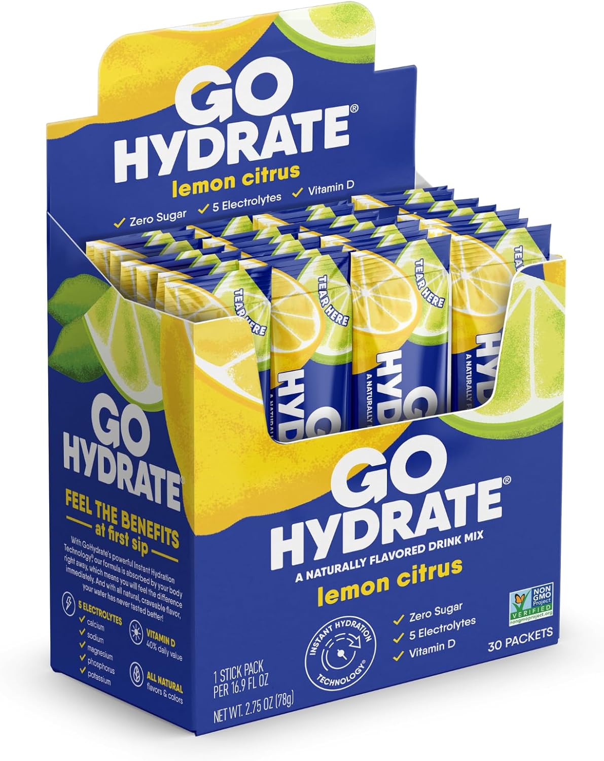 HydrateMe Instant Electrolyte Powder Packets - Low Sodium, Sugar Free Drink Mix with Vitamin D - Natural Lemon Citrus Flavor, 30 Packets