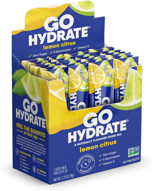 HydrateMe Instant Electrolyte Powder Packets - Low Sodium, Sugar Free Drink Mix with Vitamin D - Natural Lemon Citrus Flavor, 30 Packets