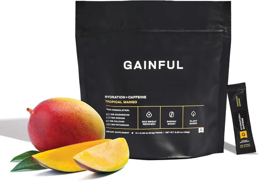 Hydrating Caffeine Powder Packets with Electrolytes and L Theanine - Tropical Mango Drink Mix, 21 Sticks
