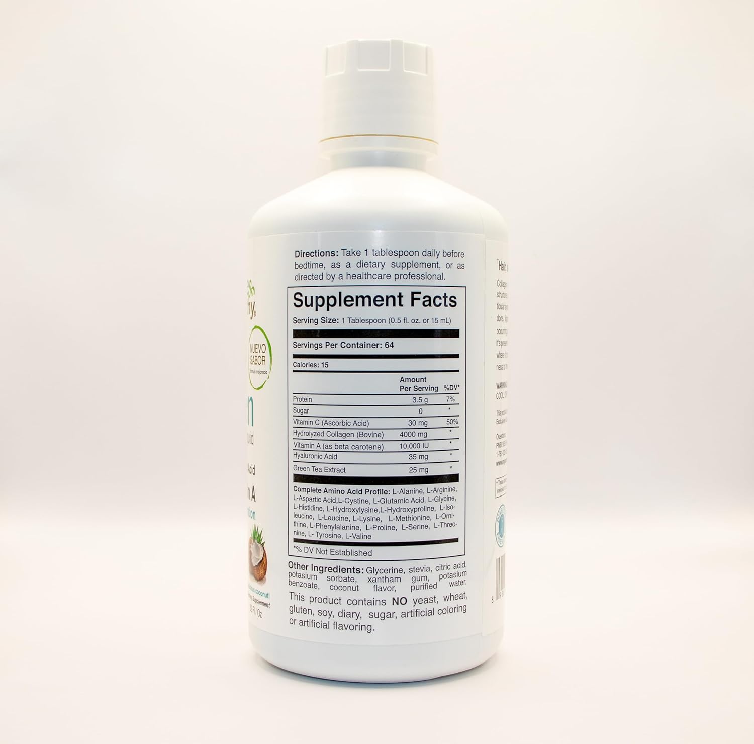 Hydrating Collagen Liquid with Hyaluronic Acid, Vitamin A, and Coconut Flavor - 32 oz. Bottle