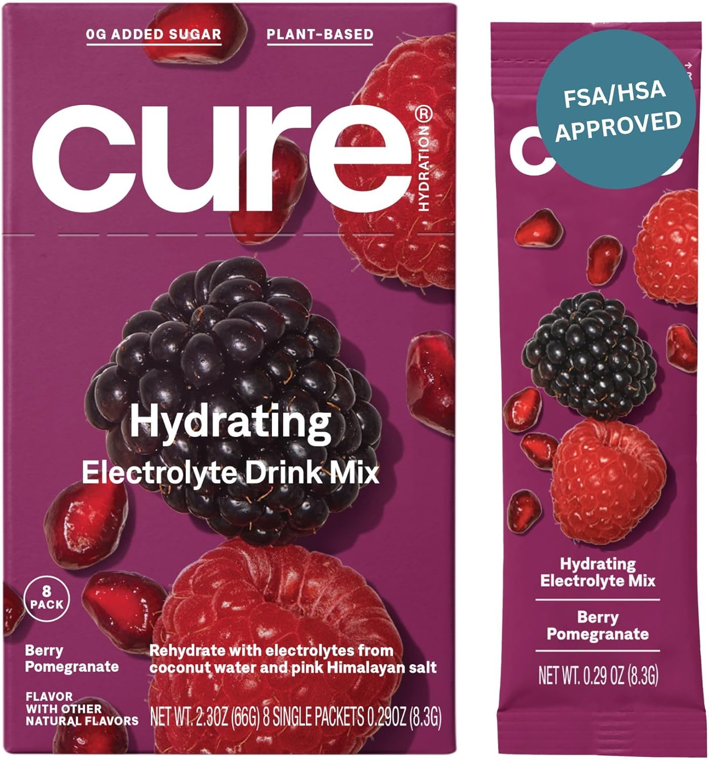 Hydrating Plant Based Electrolyte Mix with Coconut Water - Berry Pomegranate Flavor - 8 Packets, Non-GMO, Vegan, No Added Sugar, FSA & HSA Eligible