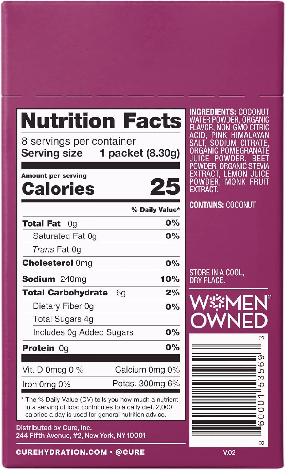 Hydrating Plant Based Electrolyte Mix with Coconut Water - Berry Pomegranate Flavor - 8 Packets, Non-GMO, Vegan, No Added Sugar, FSA & HSA Eligible