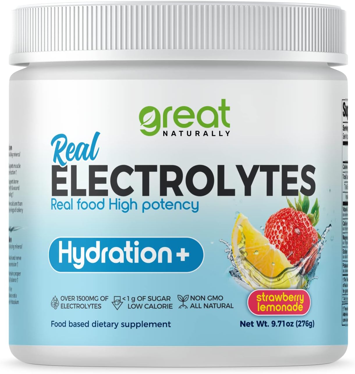 Hydration Drink Mix Strawberry Lemonade Flavor | High Potency Electrolyte Supplement Powder with Real Food Ingredients | 30 Servings
