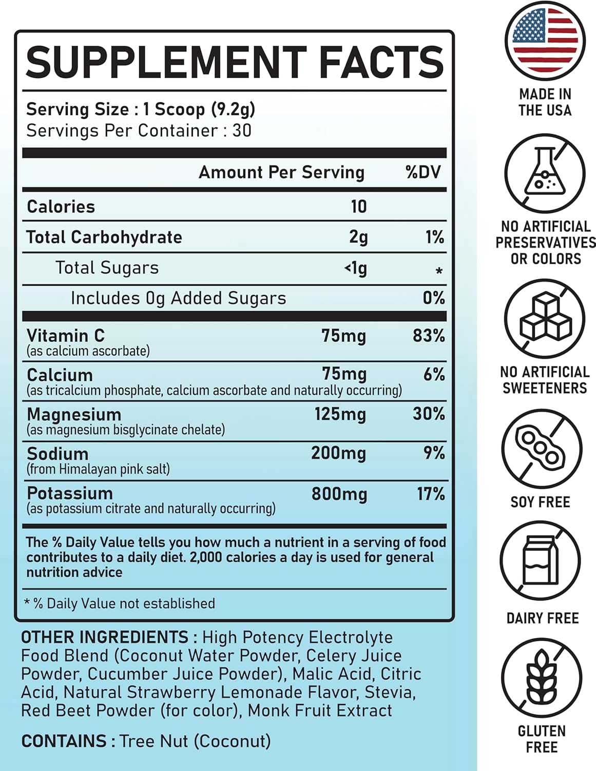 Hydration Drink Mix Strawberry Lemonade Flavor | High Potency Electrolyte Supplement Powder with Real Food Ingredients | 30 Servings