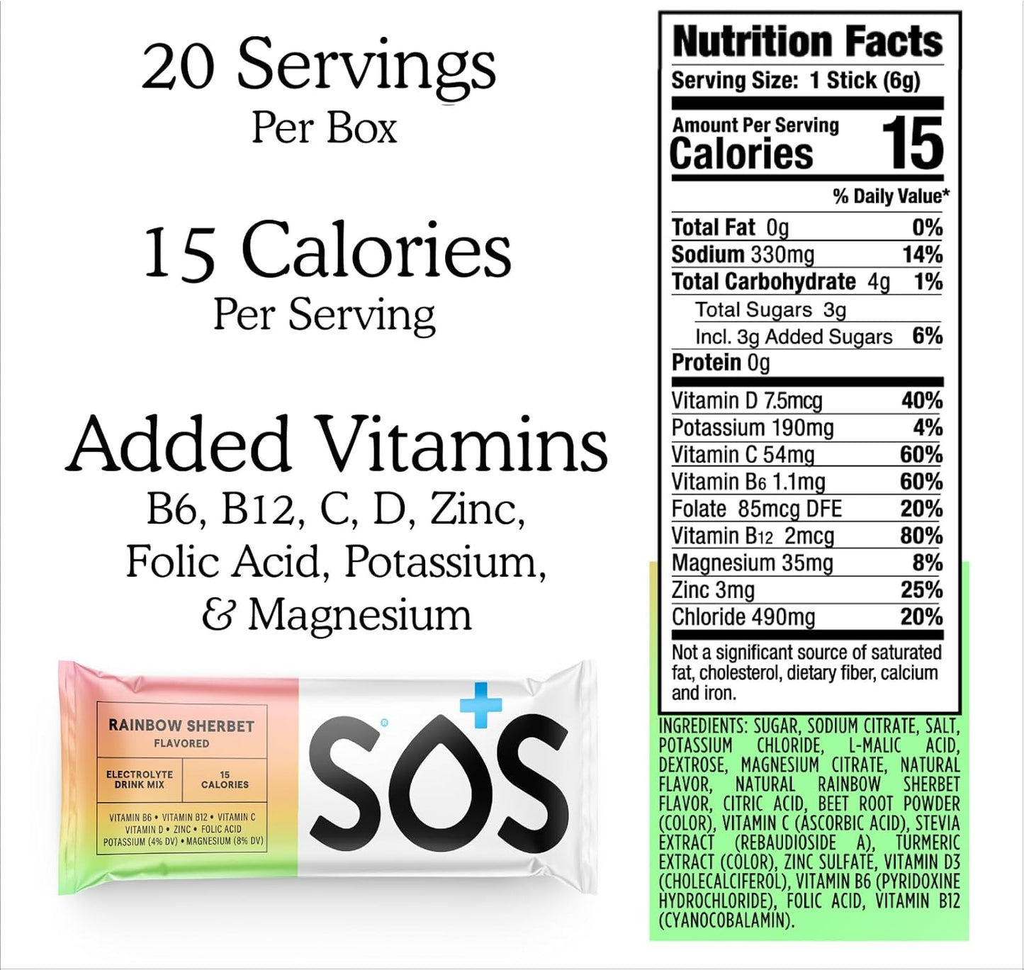 Hydration Electrolyte Powder Drink Mix Packets for Daily Energy & Vitamins - 24 Servings (Rainbow Sherbet)