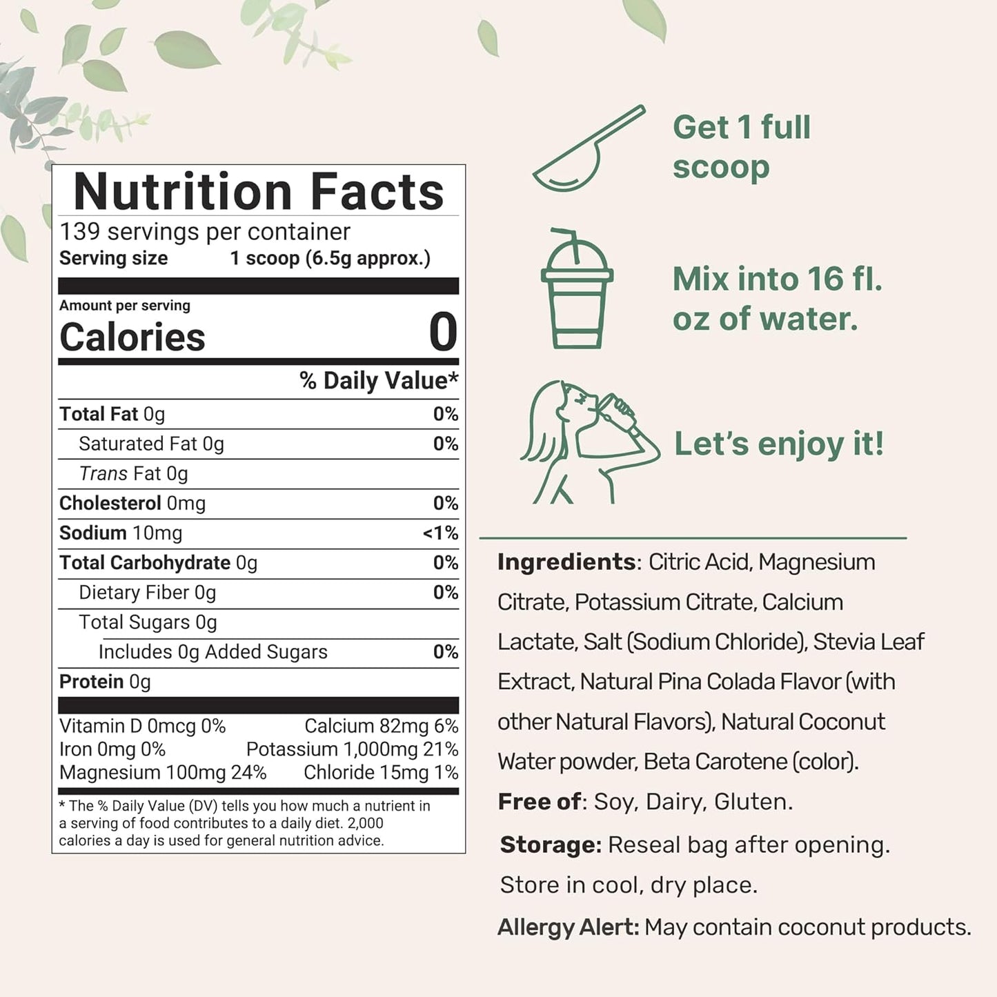 Hydration Electrolyte Powder with High Potassium, Tropical Piña Colada Flavor - 2lbs (139 Servings) | Keto-Friendly, No Sugar, Non-GMO - Natural Coconut Water
