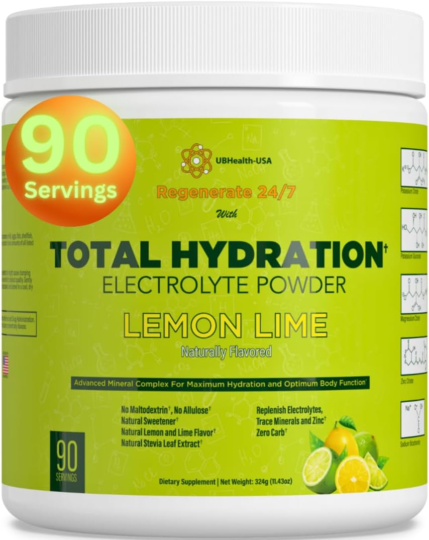 Hydration Electrolyte Replacement Mix Powder with Potassium, Magnesium, Zinc, Pink Salt - Natural Flavor, Stevia - No Allulose - 90 Servings, Lemon Lime