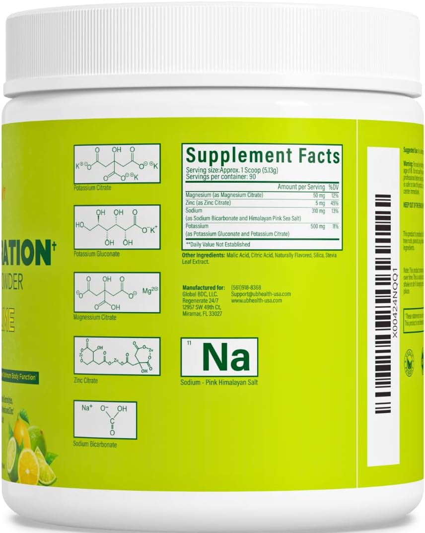 Hydration Electrolyte Replacement Mix Powder with Potassium, Magnesium, Zinc, Pink Salt - Natural Flavor, Stevia - No Allulose - 90 Servings, Lemon Lime