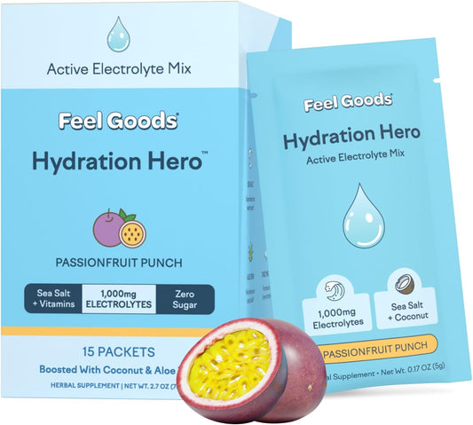 Hydration Hero Electrolyte Powder Packets - 1,000mg, Sugar Free, Magnesium, Aloe Vera, L Theanine, Vitamin C & B12 - Passion Fruit Punch Flavor, Keto & Vegan - 15 Count