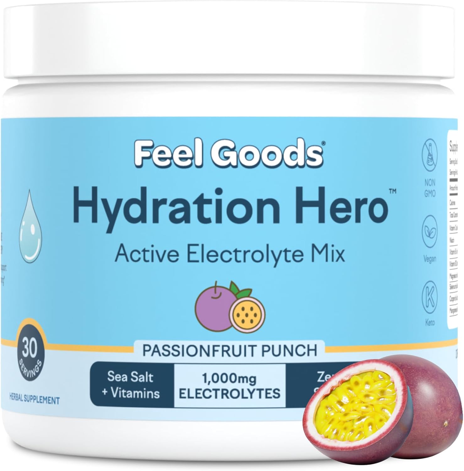 Hydration Hero Electrolyte Powder with 1,000mg Magnesium, Organic Aloe Vera, Vitamin C, B12 - Sugar Free, Keto, Vegan - Passion Fruit Punch Flavor, 30 Servings