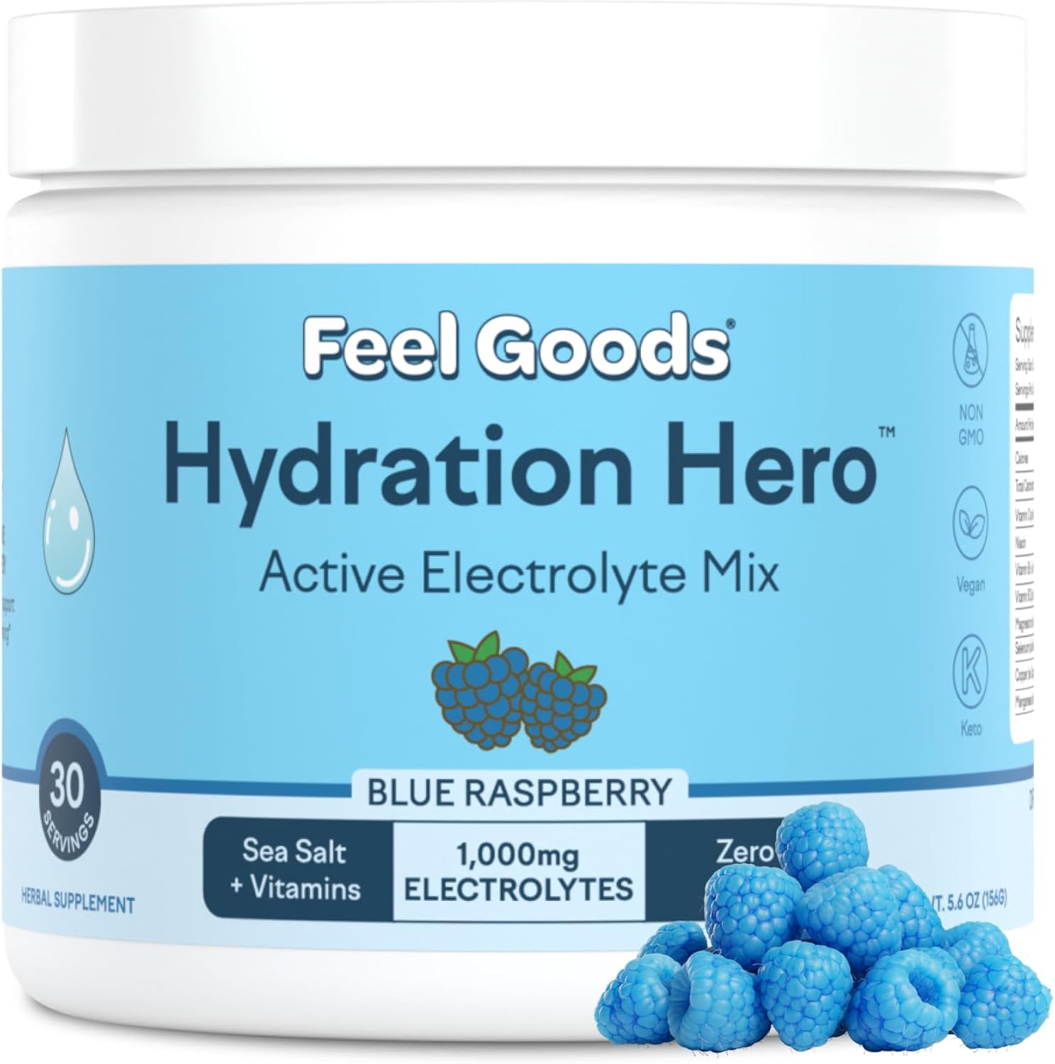 Hydration Hero Electrolyte Powder with 1,000mg, Sugar-Free, Magnesium, Aloe Vera, L Theanine, Vitamin C, B12, Keto, Vegan, Plant-Based - Blue Raspberry, 30 Servings