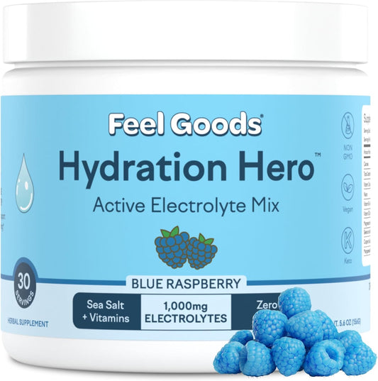 Hydration Hero Electrolyte Powder with 1,000mg, Sugar-Free, Magnesium, Aloe Vera, L Theanine, Vitamin C, B12, Keto, Vegan, Plant-Based - Blue Raspberry, 30 Servings