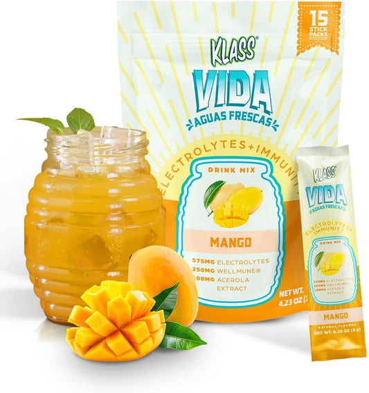 Hydration & Immunity Mango Electrolyte Drink Mix Powder Packets - 15 Single Serve Sticks, Sugar-Free, Low Calorie & Natural