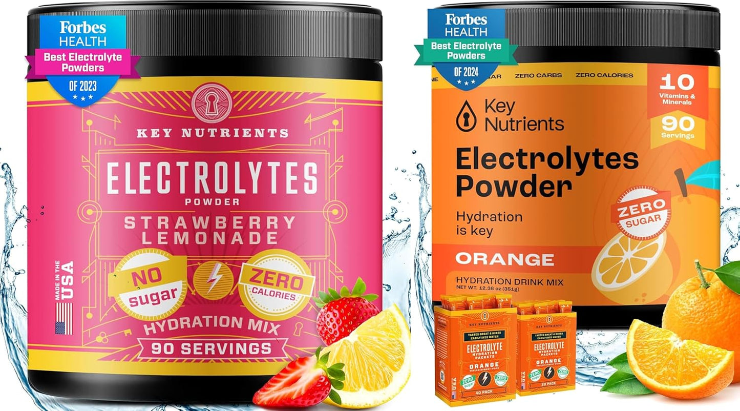 Hydration Powder Bundle: Electrolytes & Multivitamin in Strawberry Lemonade & Orange Flavors - 90 Servings Each, Sugar-Free & Keto-Friendly