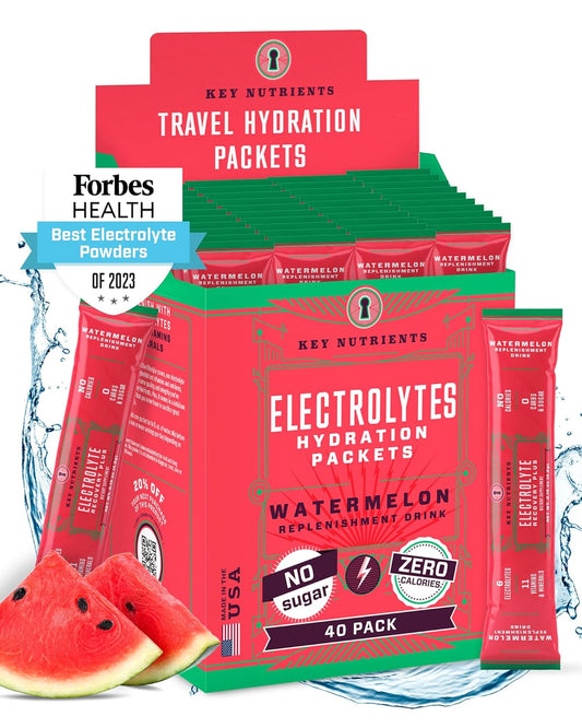Hydration Powder Packets with Electrolytes - Watermelon Flavor, 40 Pack - Sugar-Free, Calorie-Free, Gluten-Free - USA-Made